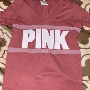 Coral/Pink V-neck T-shirt with PINK logo on front